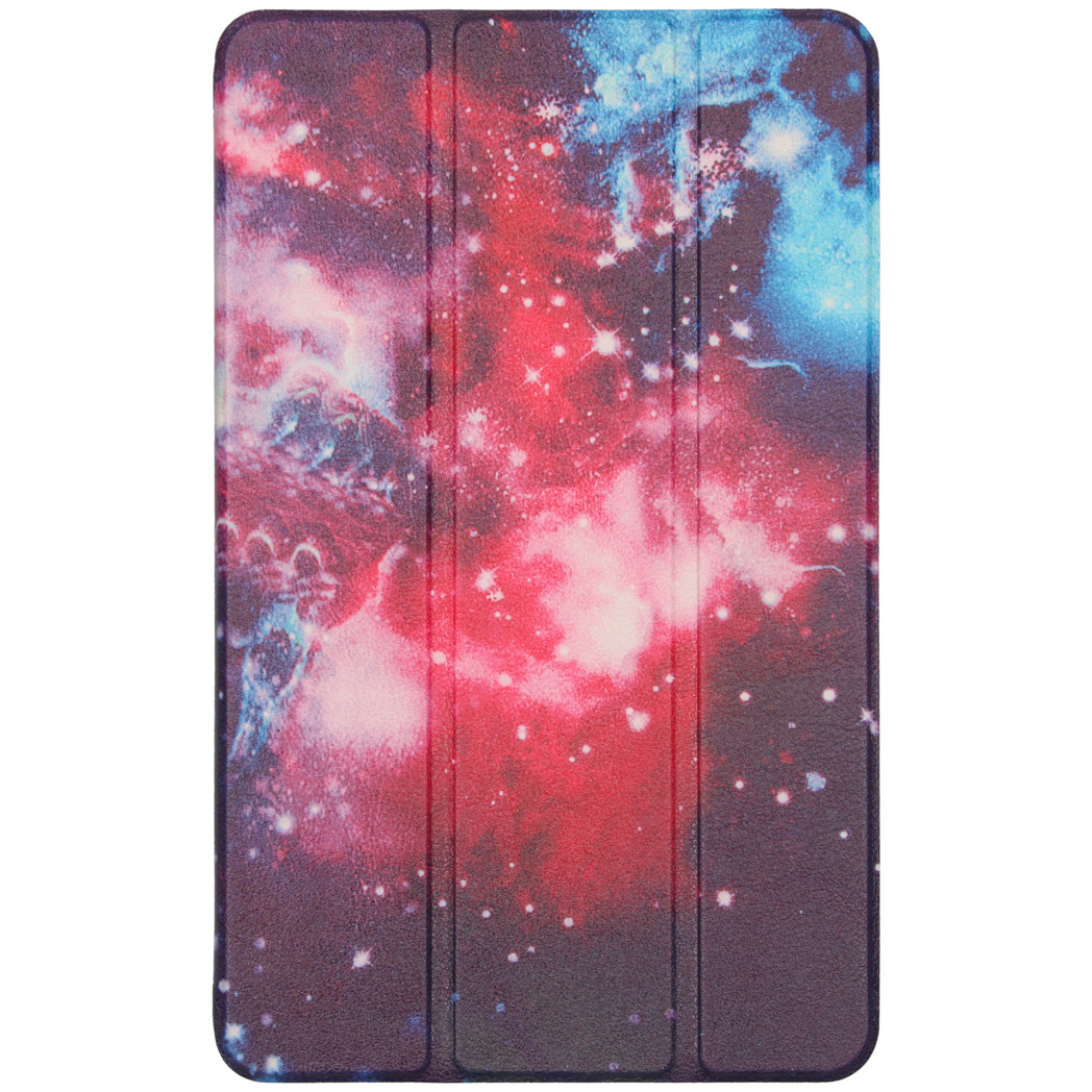 Tablet case with a galaxy pattern. The case is dark purple with red, blue, and white.