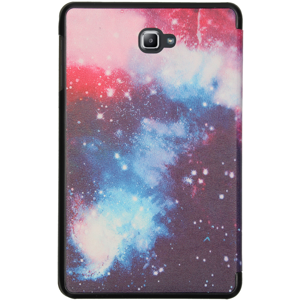 Tablet case with galaxy design. Dark colors of red, purple and blue with white dots.