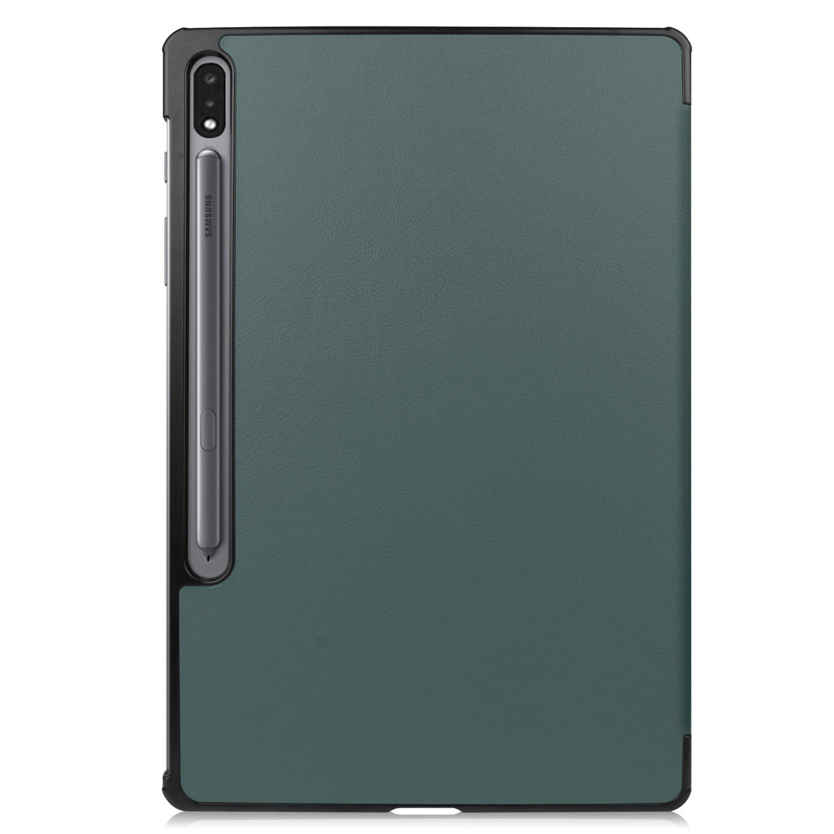 Green tablet case with a pen on the side. The tablet is inside. White background.