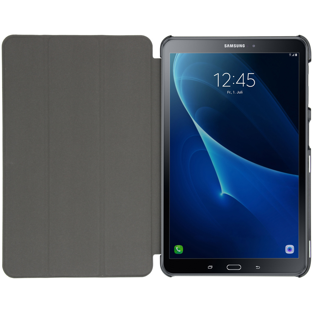 Tablet with a gray case. The case is open, and the screen is visible, showing a blue screen.