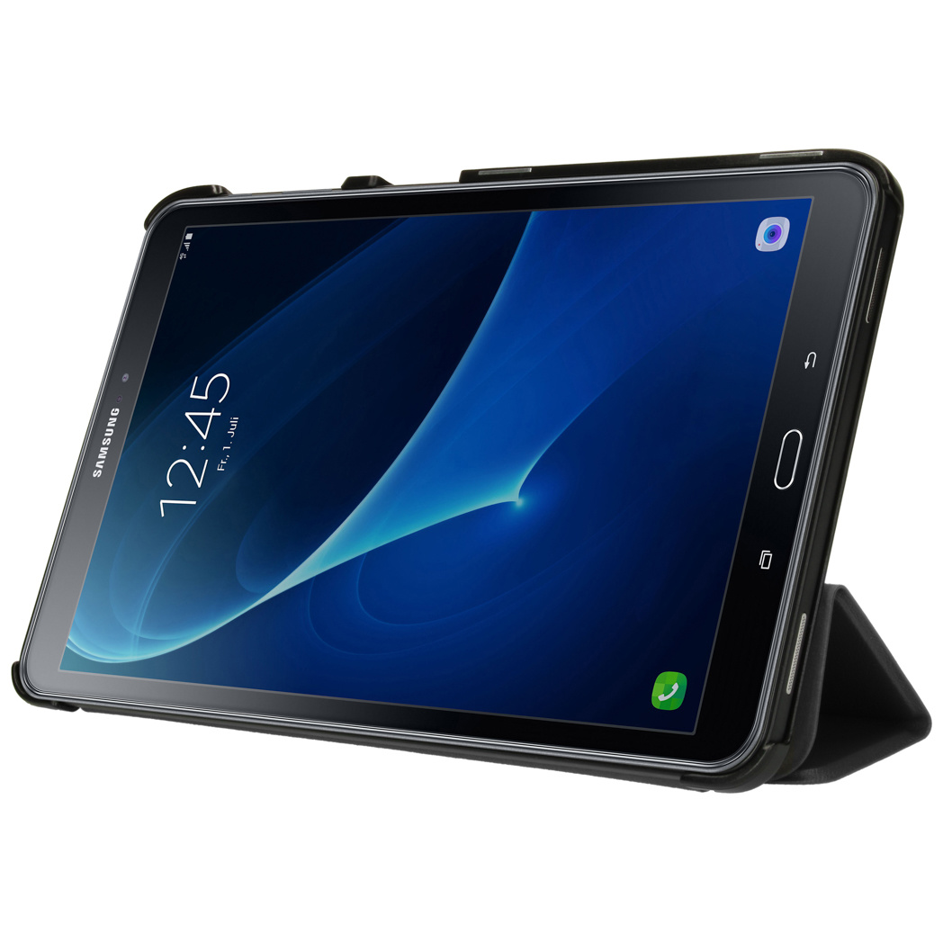 Tablet in a case. The case is open, showing the screen with a blue screen. White background.