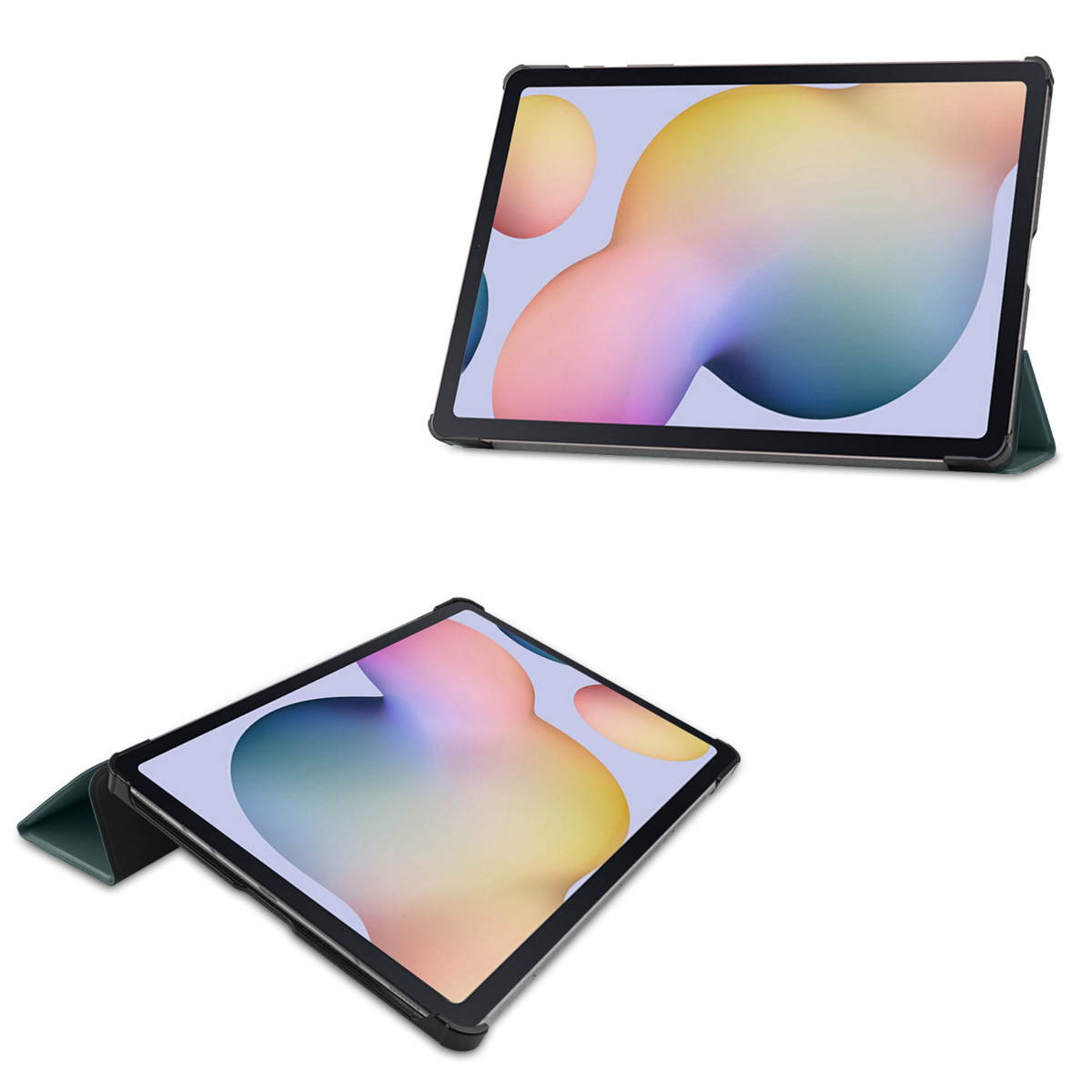Tablets in dark green cases, open. The screens show colorful abstract images. White background.
