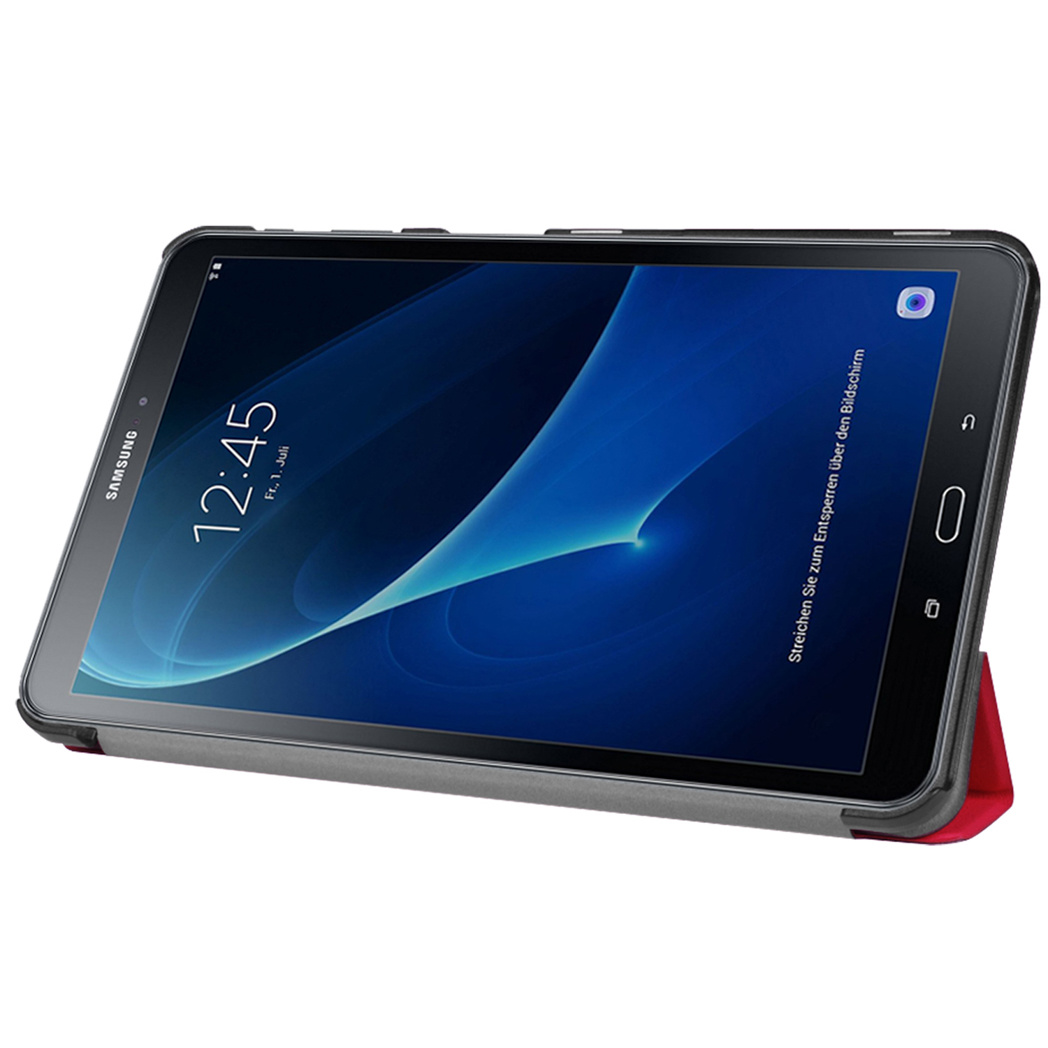 Tablet in een hoes, met het scherm zichtbaar. De hoes is grijs met een rode cover. De tijd is 12:45.