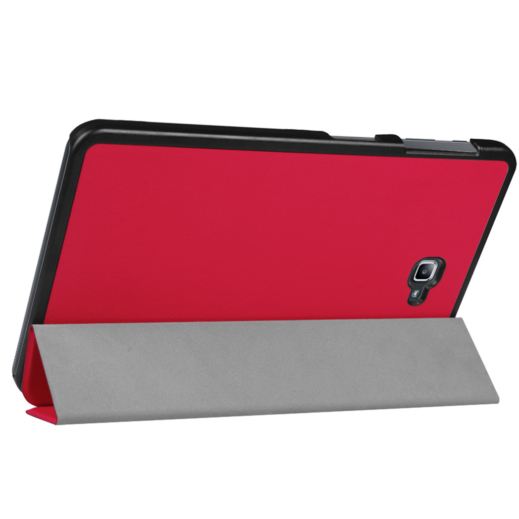 Tablet in een hoes, rode cover en grijze achterkant. De tablet is schuin geplaatst.