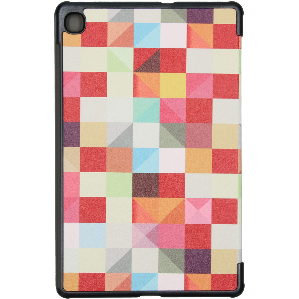 Tablethoes met kleurrijk geometrisch patroon op de achterkant, zwarte rand en zwart cameralensgebied.
