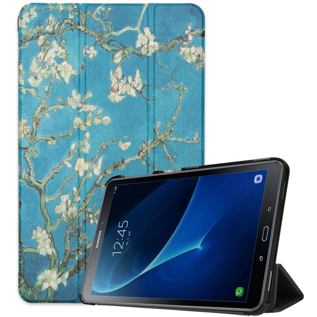 Tablet with floral art case, opened, and a separate tablet showing the time 12:45.