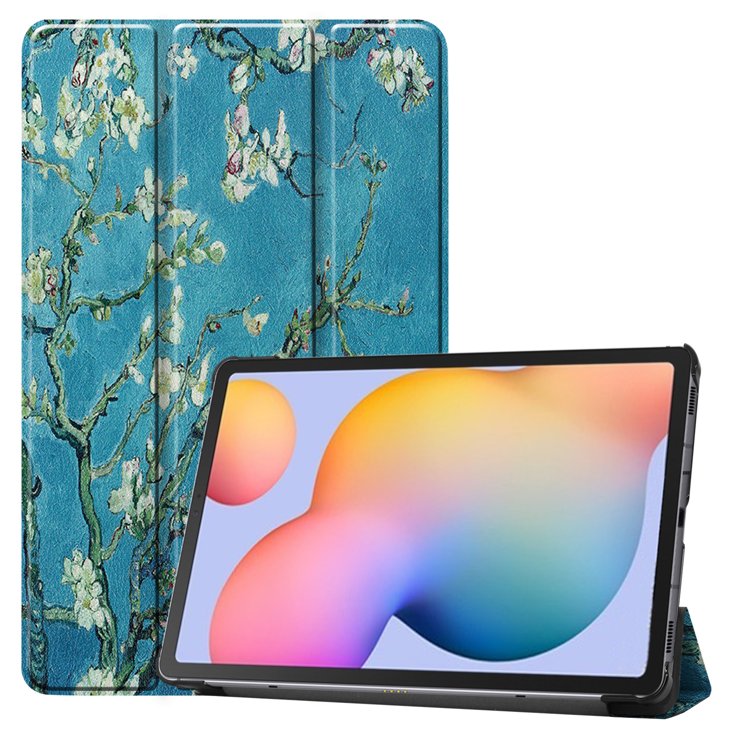 Tablet met bloemenkunst hoes. De hoes is blauw met witte bloemen en de tablet is zichtbaar.