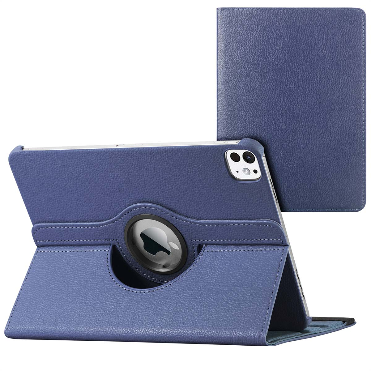 Blauwe tablethoes met een wit Apple logo, een zwarte band en een tablet omhoog met een hoes.