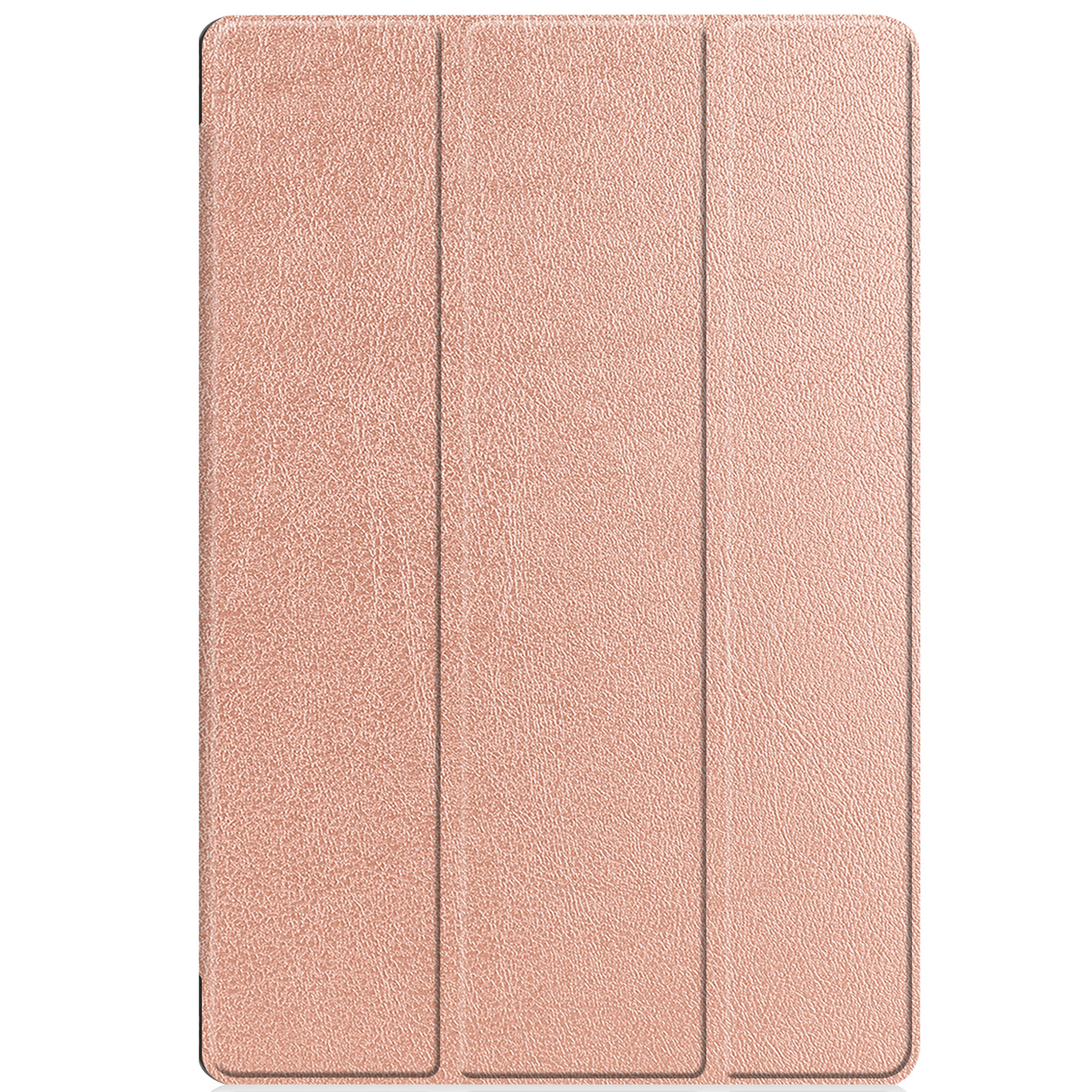 Roségouden tablethoes met een getextureerd oppervlak, driepaneels ontwerp, gesloten.