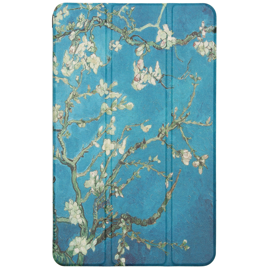 Tablet case with Van Gogh's 'Almond Blossom' art, blue background, white flowers, branches.