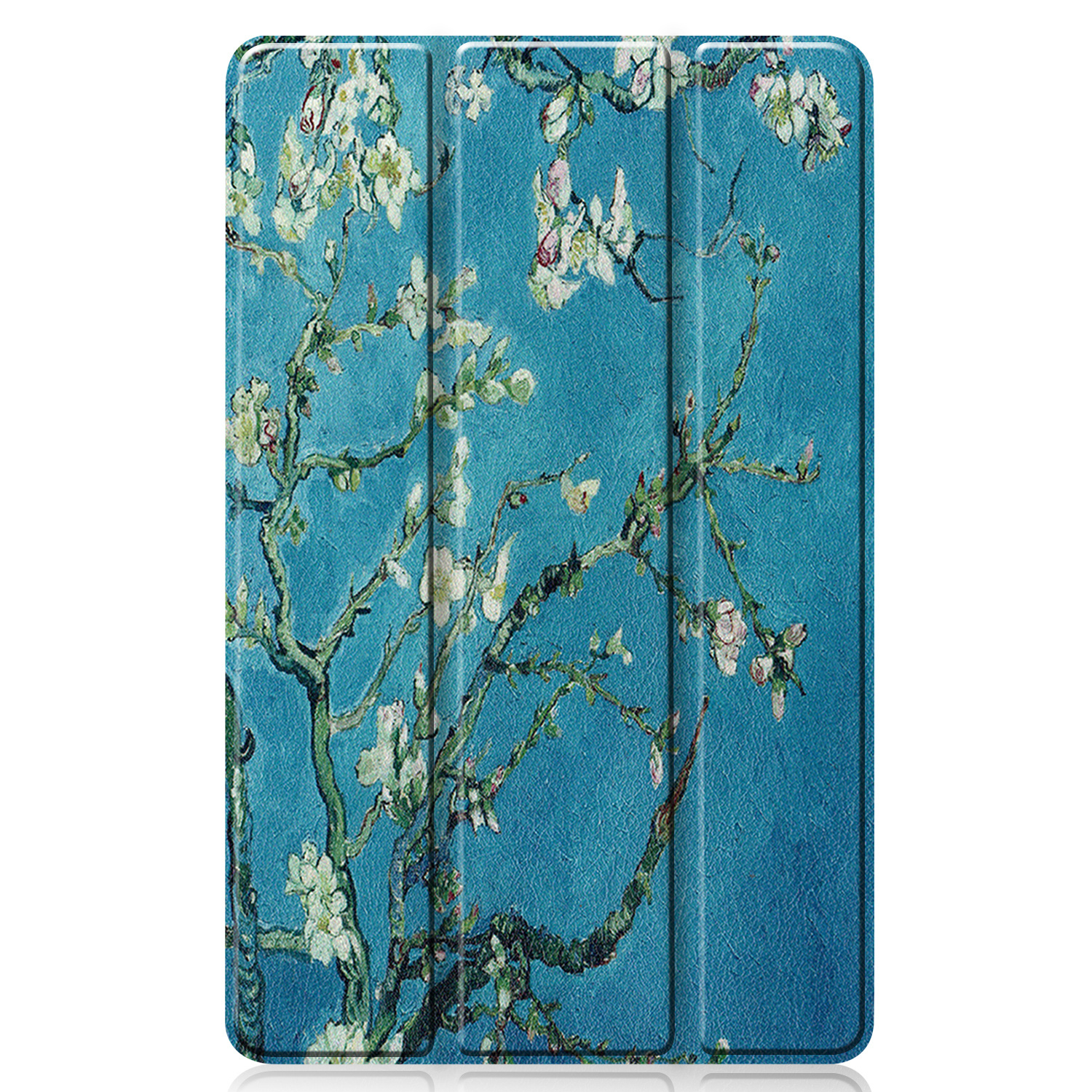 Tablethoes met bloemenkunst op een blauwe achtergrond. De hoes is gesloten.