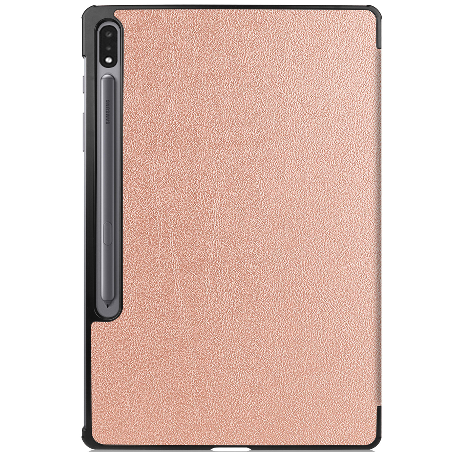 Roségouden tablet, in een zwarte hoes, met een styluspen aan de zijkant.