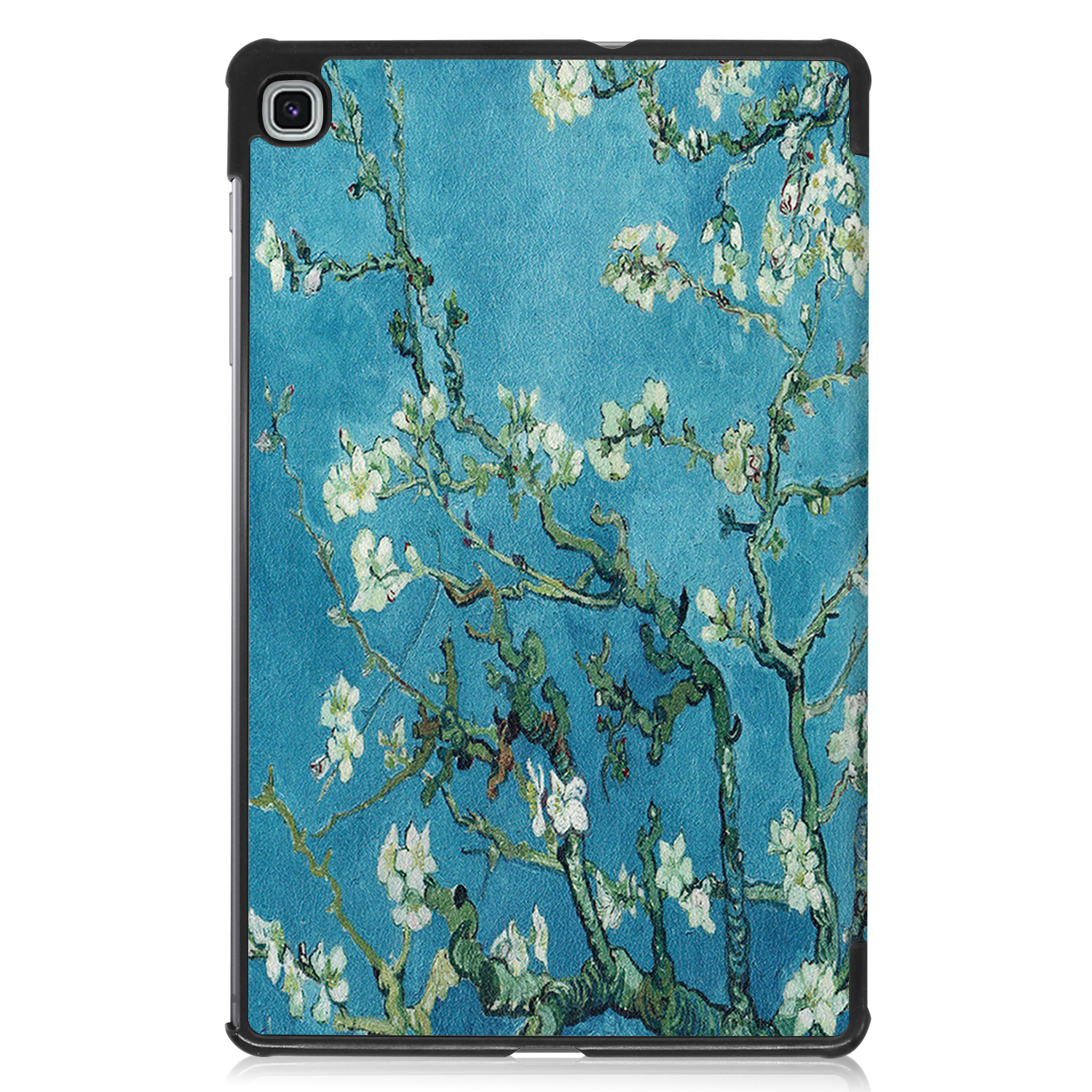 Tablethoes met Van Goghs 'Amandelbloesem', blauwe achtergrond, witte bloemen, takken.