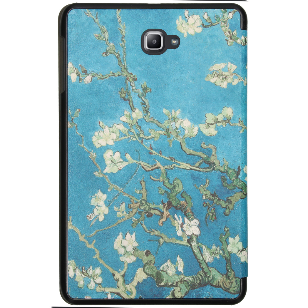 Tablet case with Van Gogh's 'Almond Blossom' art, blue background, white flowers, and branches.