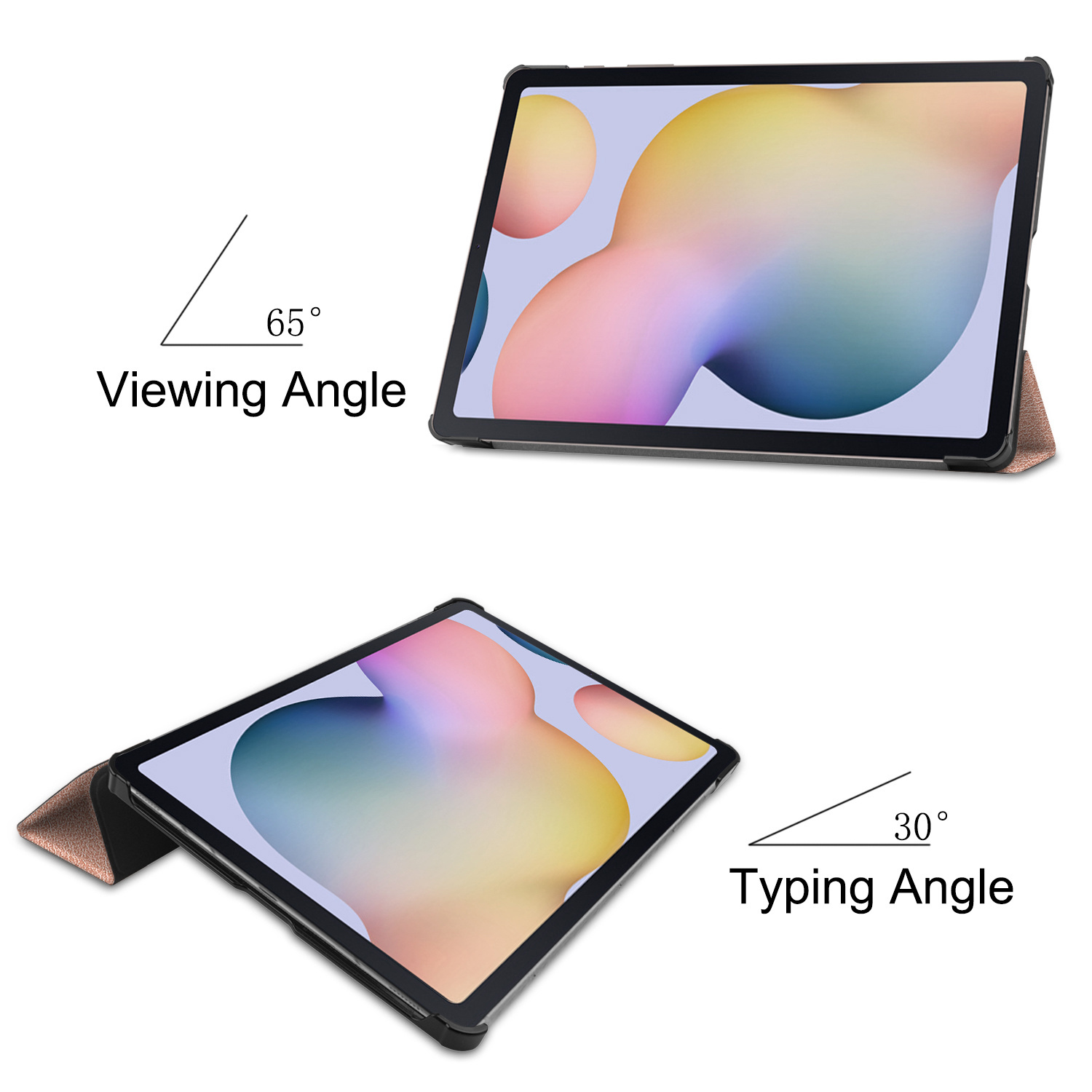 Twee tablets in verschillende hoeken. Eén in een kijkhoek van 65 graden, de andere in een typehoek van 30 graden.