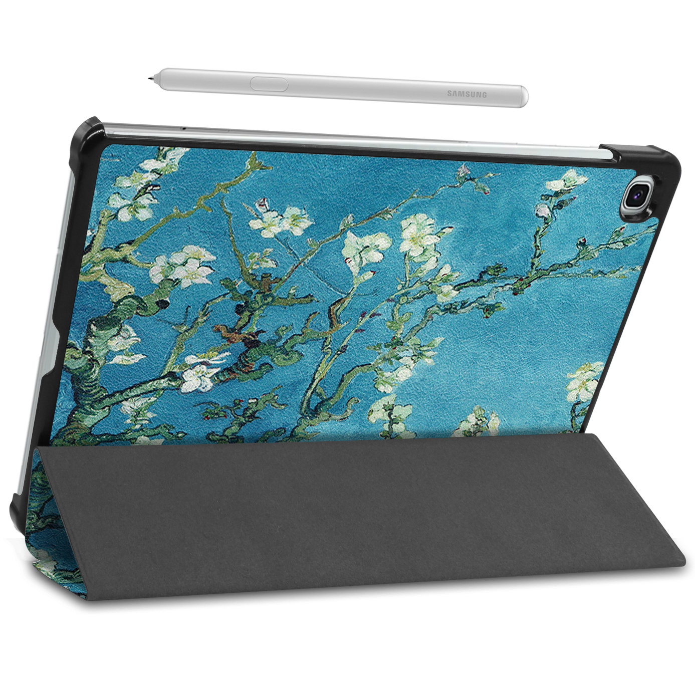 Tablet met Van Goghs 'Amandelbloesem', zwarte hoes en zilveren styluspen erbovenop.