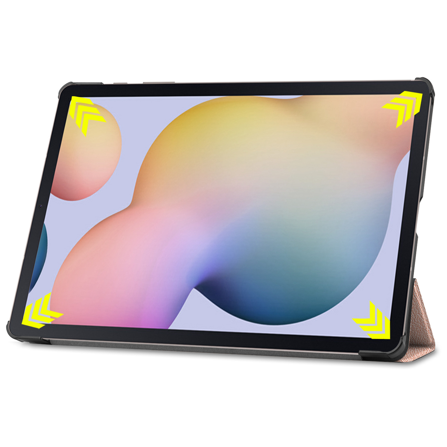 Tablet in een hoes, met een scherm met gele pijlen.