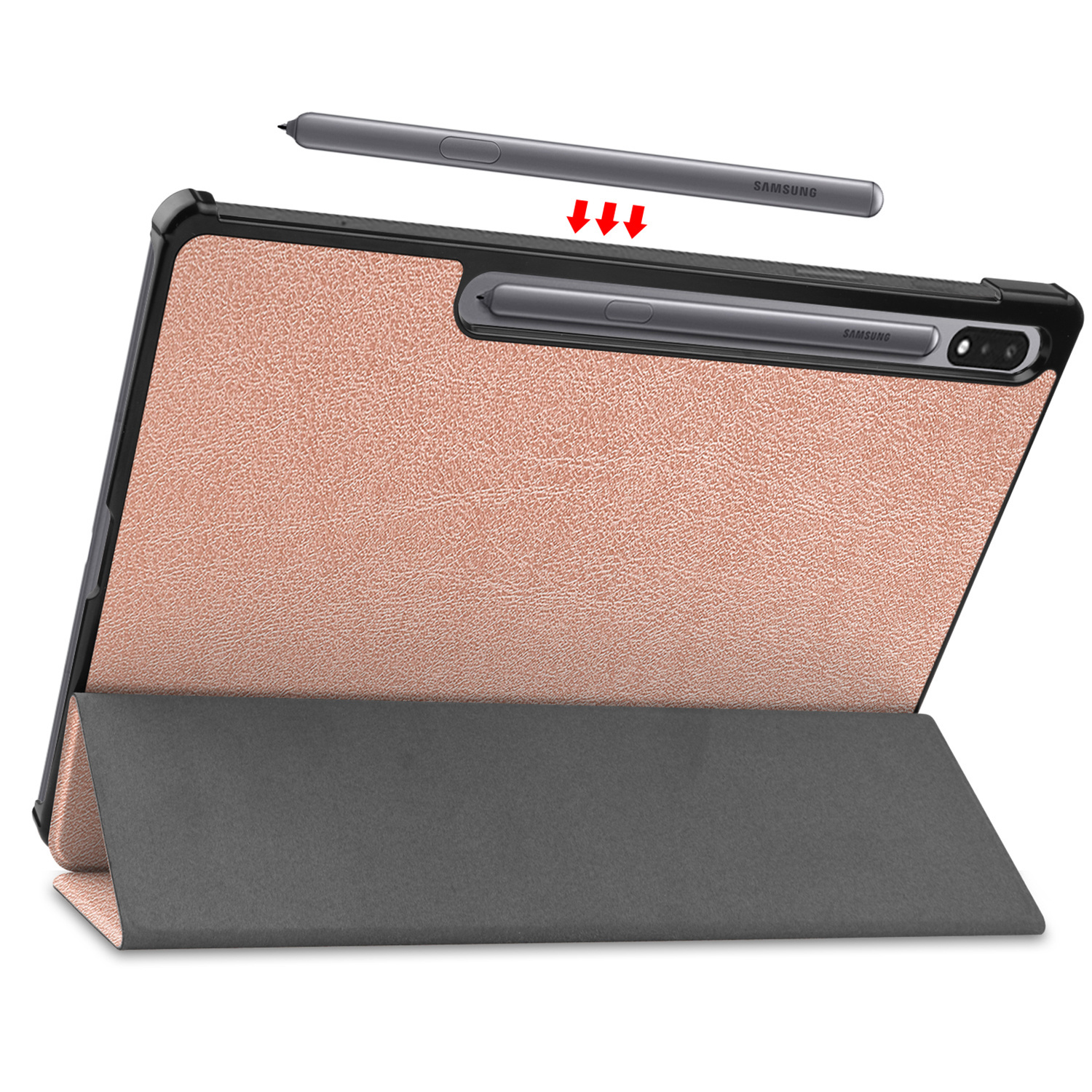 Tablet met een roségouden hoes, een styluspen en een open hoes. De pen is boven de hoes.