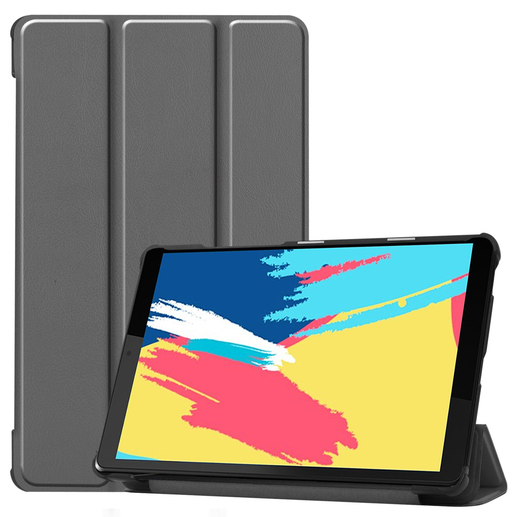 A tablet is open with a grey case. The screen displays a colorful abstract design.