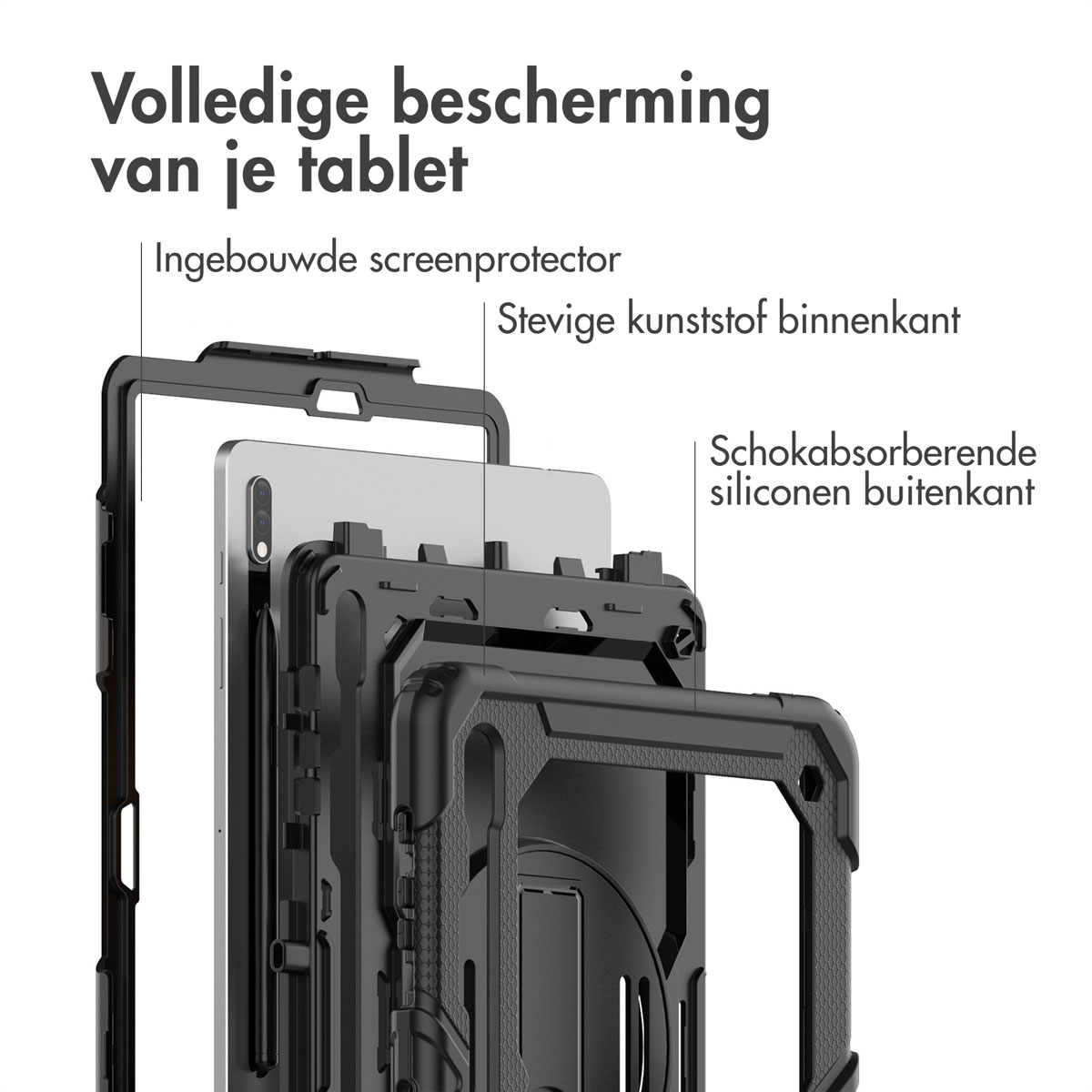 Tablet case with layered components for protection: screen, plastic, and silicone.