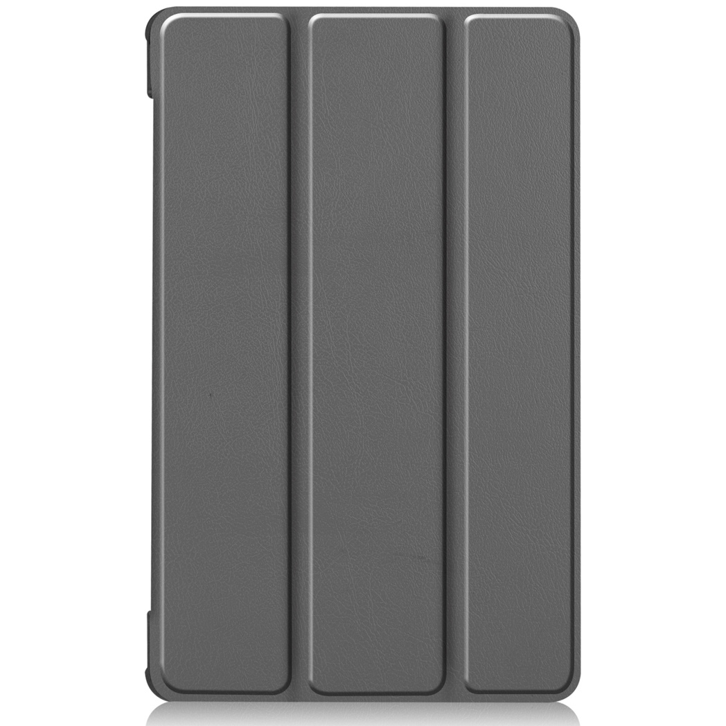 A grey tablet case is shown. The case is closed and has a rectangular shape.