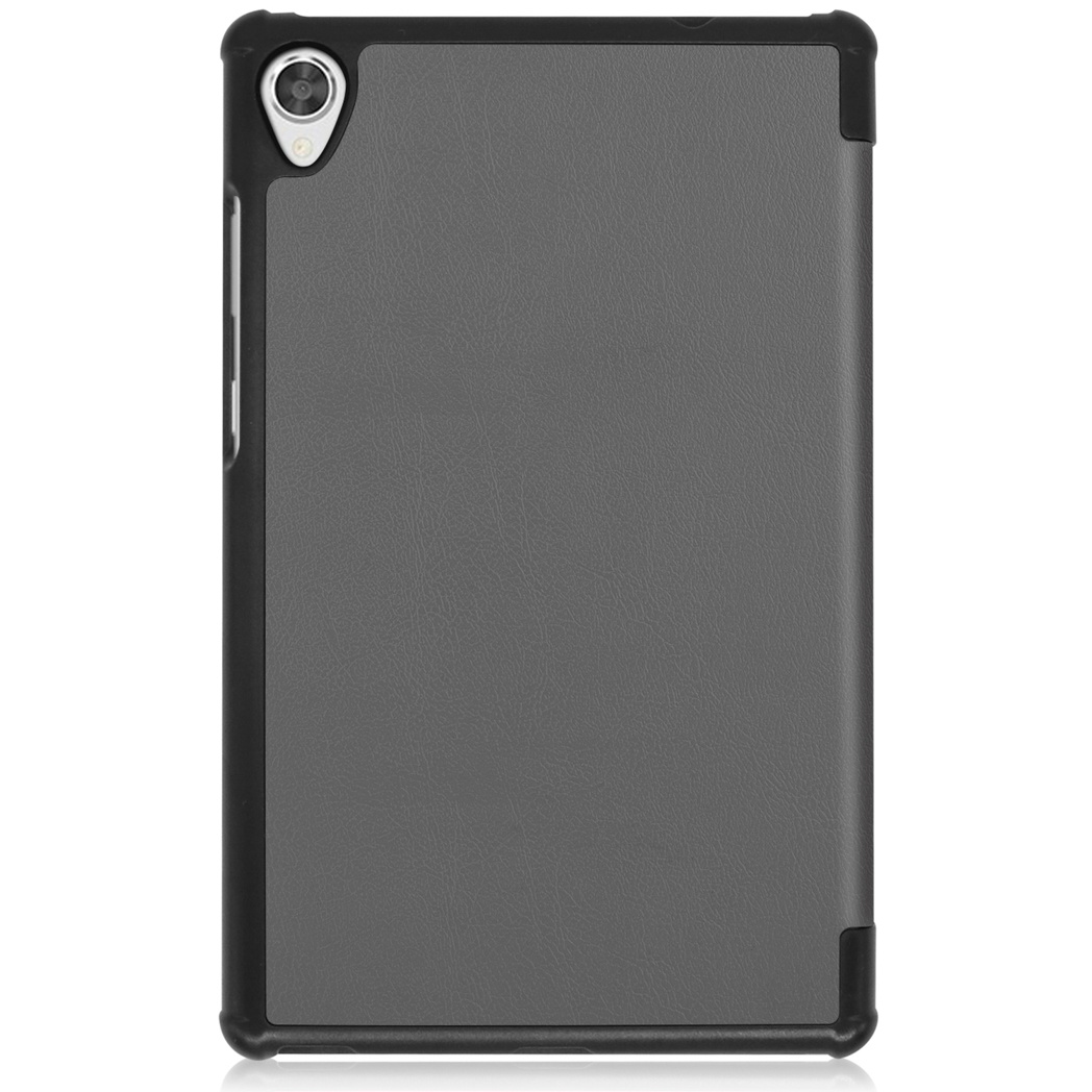 A tablet in a case is shown. The case is grey with a black frame and a camera hole.