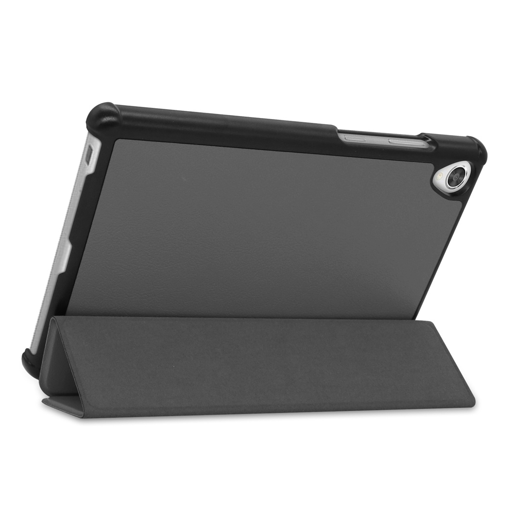 Tablet in a gray case. Tablet is angled, case forms stand. Black frame, gray back.