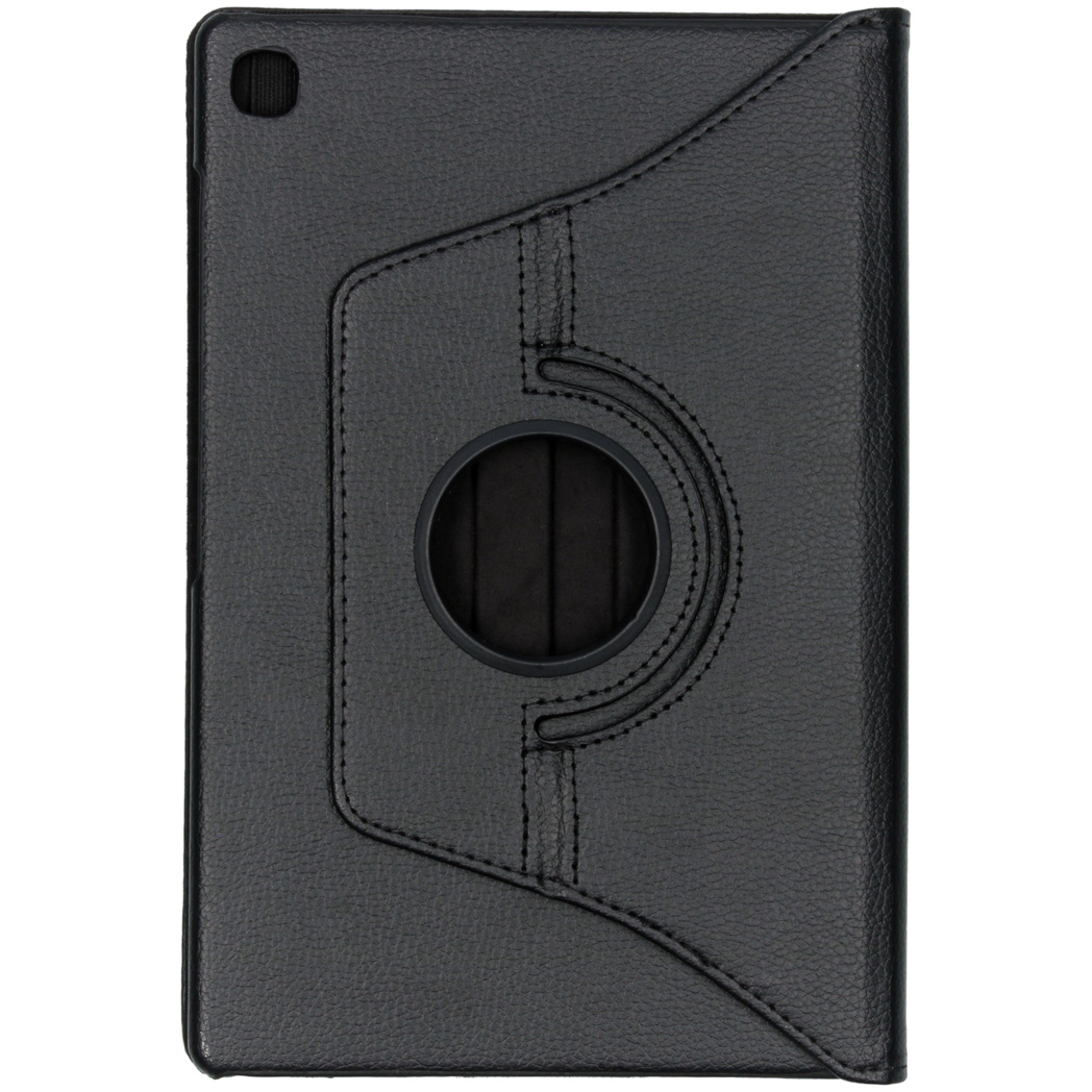 Black iPad case, with stitching details and a round cutout. The case has a stand. White background.