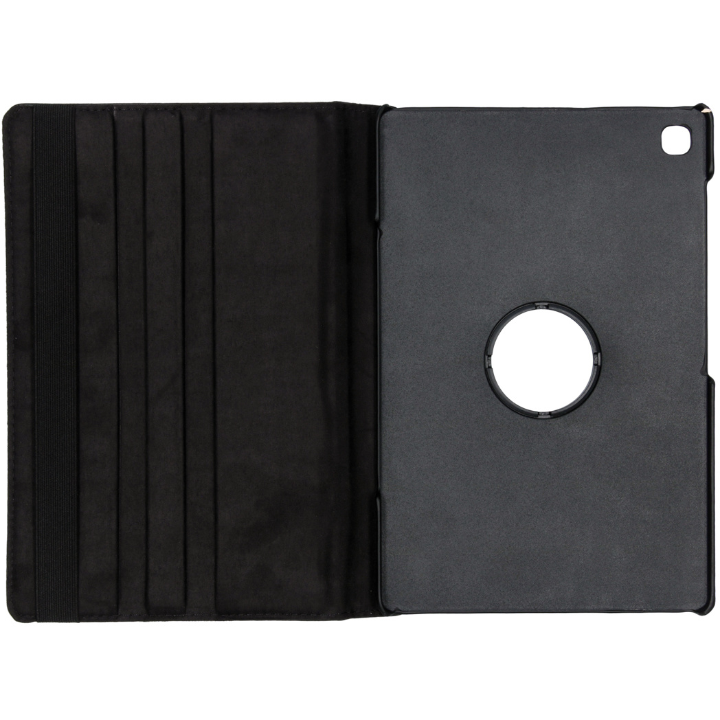 Black tablet case, open, with a black elastic band and a circular cutout for the camera.