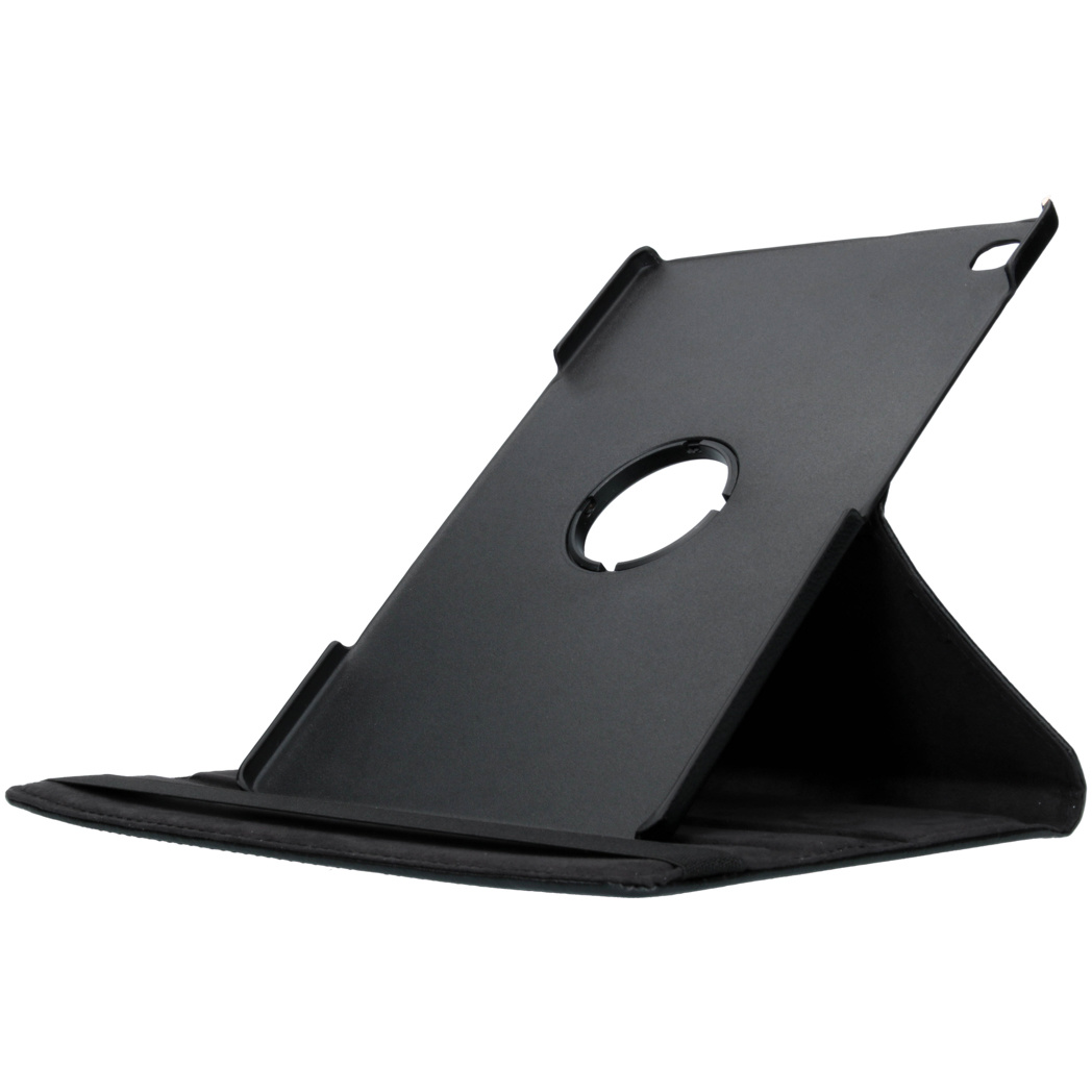 Black iPad case, angled up, with a center hole for the camera. The case is on white background.