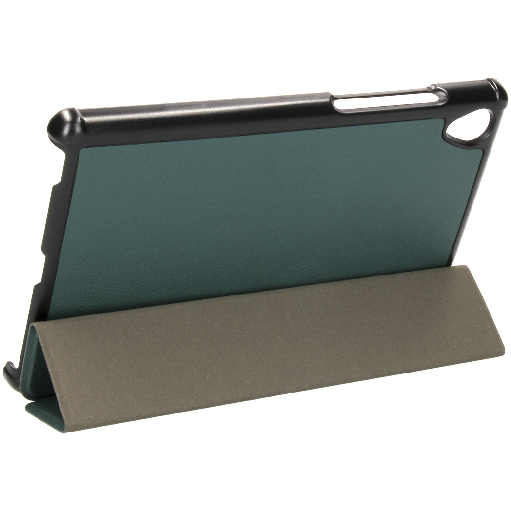 Tablet case, teal cover, black frame, gray base. Angled view, white background.