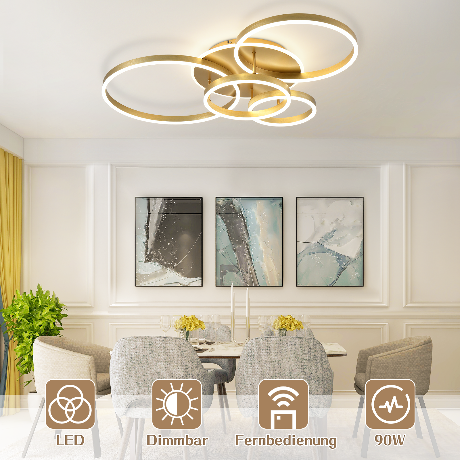 Luz de techo dorada, comedor, iconos para LED, regulable, control remoto y 90W.