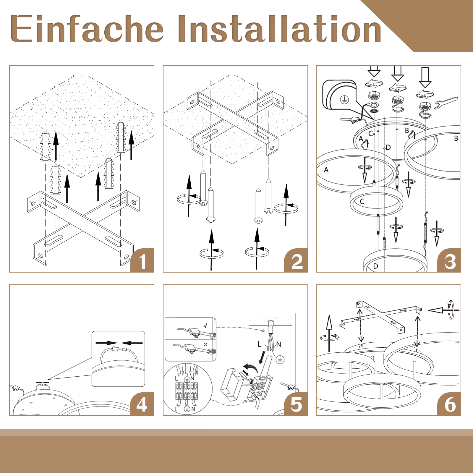 Pasos de instalación para una lámpara de techo, que muestra diagramas e instrucciones en secuencia.