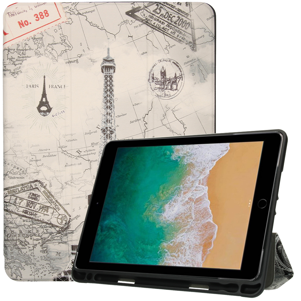 Tablethoes met een kaartontwerp. De tablet zit erin. Eiffeltoren afbeelding.