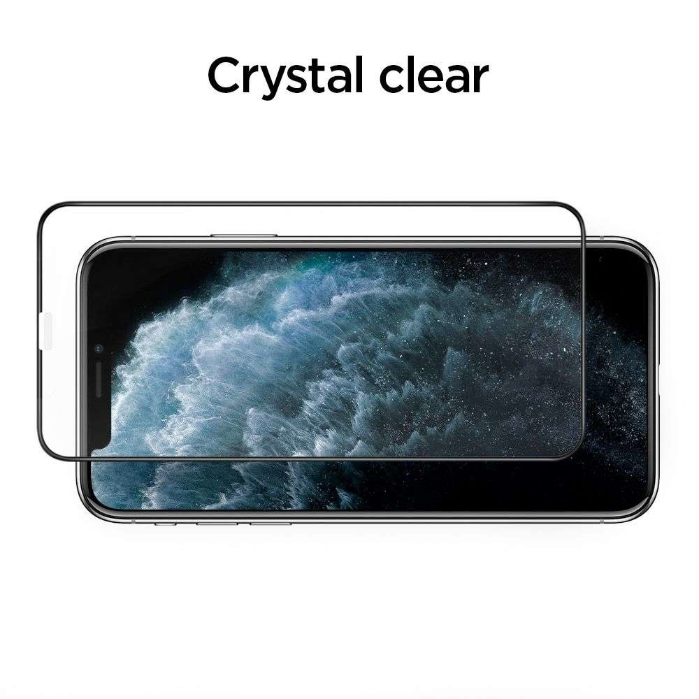 Phone screen protector on a phone. Crystal clear display, black borders.