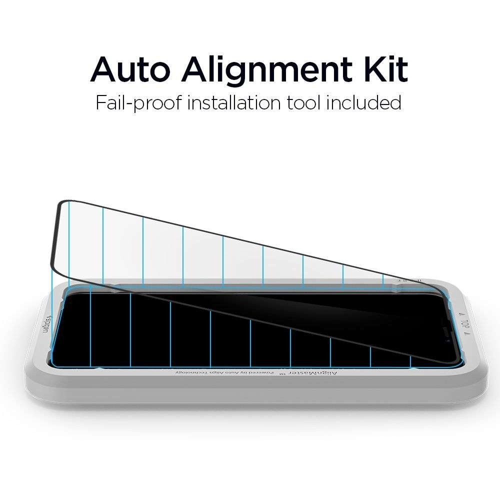 A screen protector kit for a phone. The phone is inside a frame for easy alignment. 
