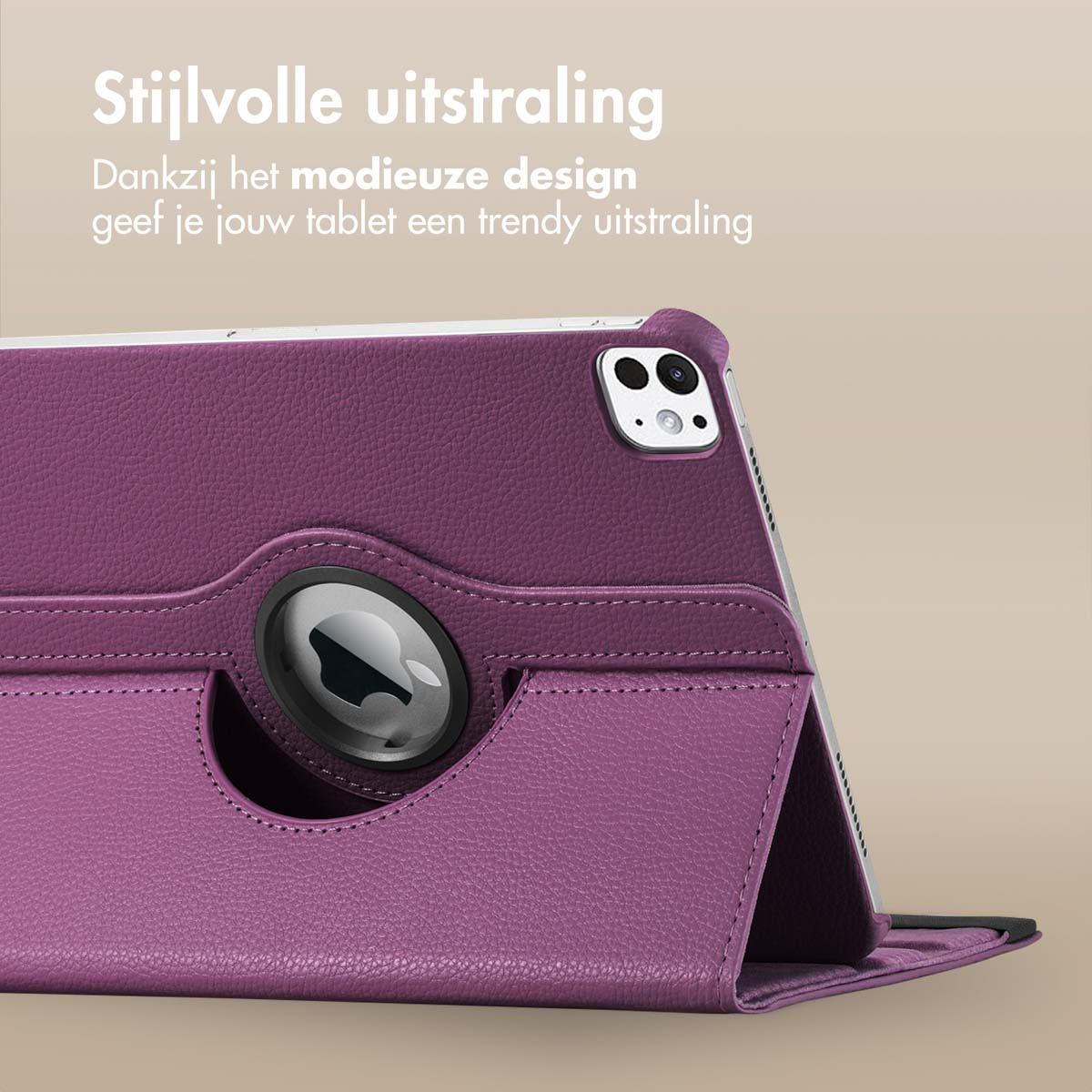 Paarse tablethoes met Apple-logo. Tekst: Stijlvolle uitstraling.