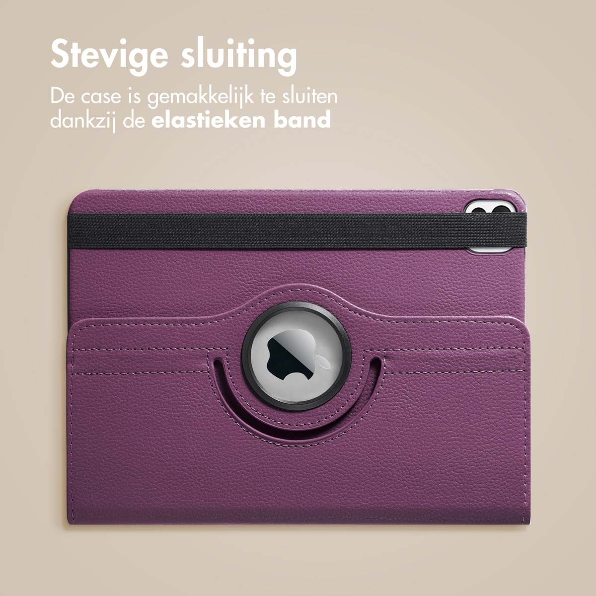 Paarse tablethoes met elastische band. Zwart Apple-logo. Tekst: Stevige sluiting.