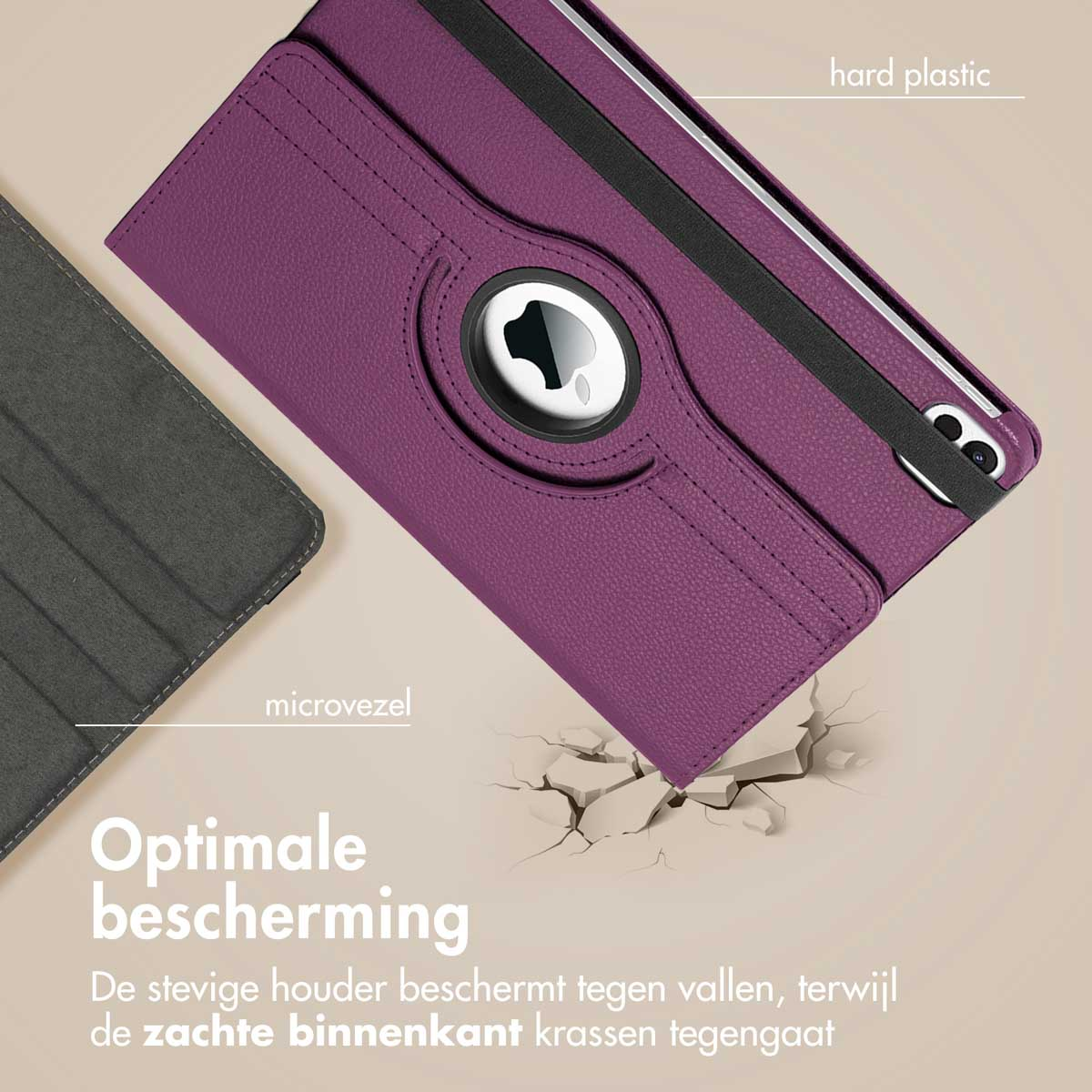Paarse tablethoes. Grijs microvezel. Tekst: Optimale bescherming.