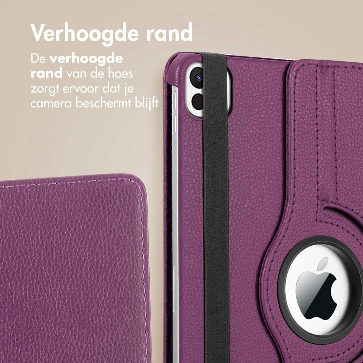 Close-up van een paarse tablethoes, met een zwarte band en het Apple-logo.