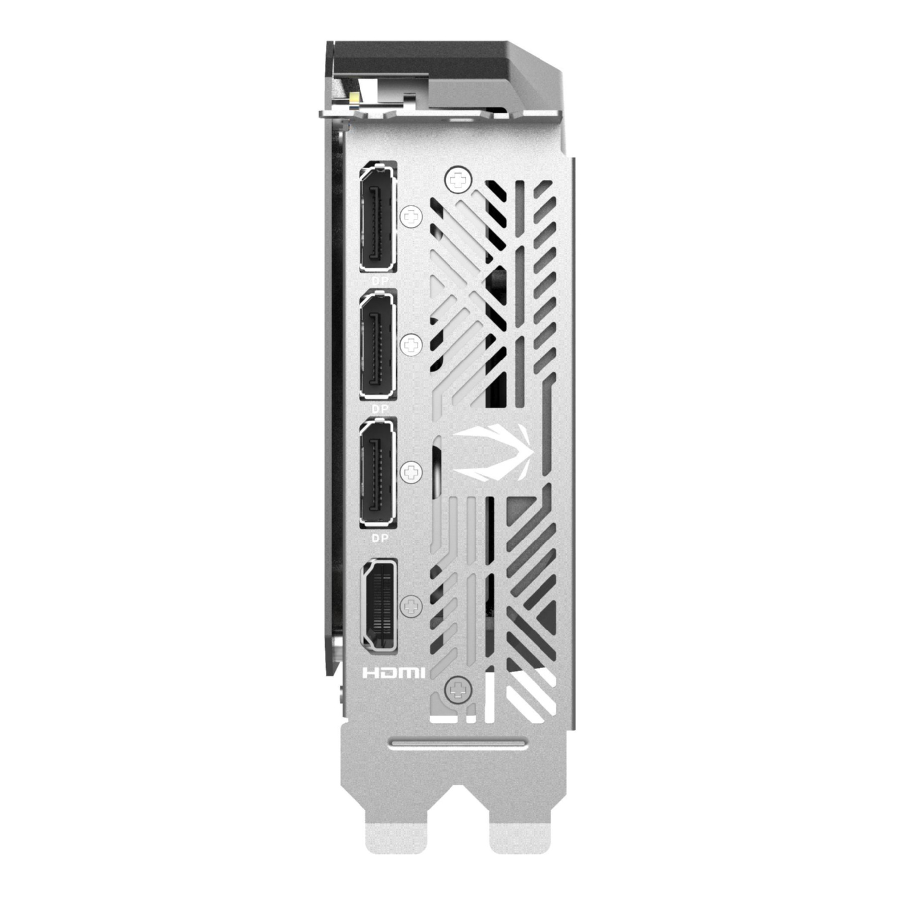 Widok z boku srebrnej karty graficznej z portami. HDMI, DP i DVI.