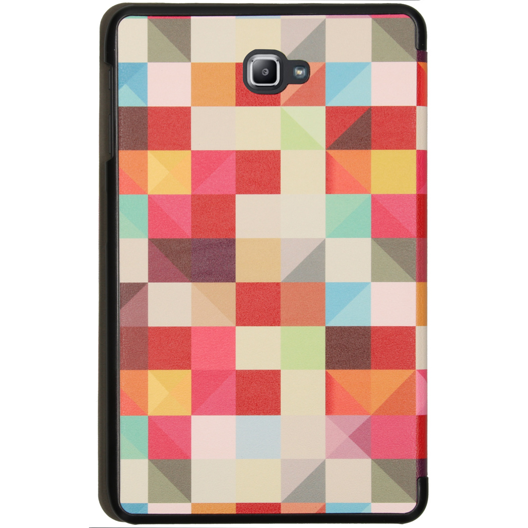 Tablet case with a colorful geometric pattern on the back.
