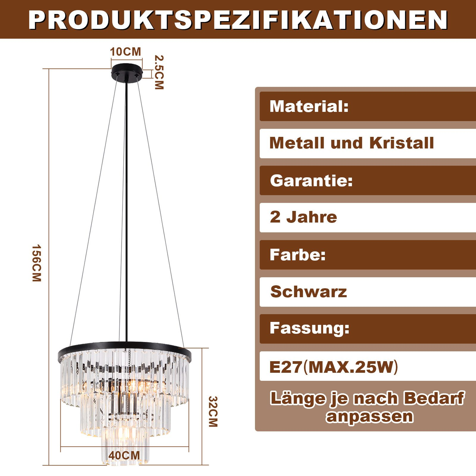 Diagramma di un lampadario con dimensioni e specifiche, inclusi materiale, garanzia e dimensioni in cm.