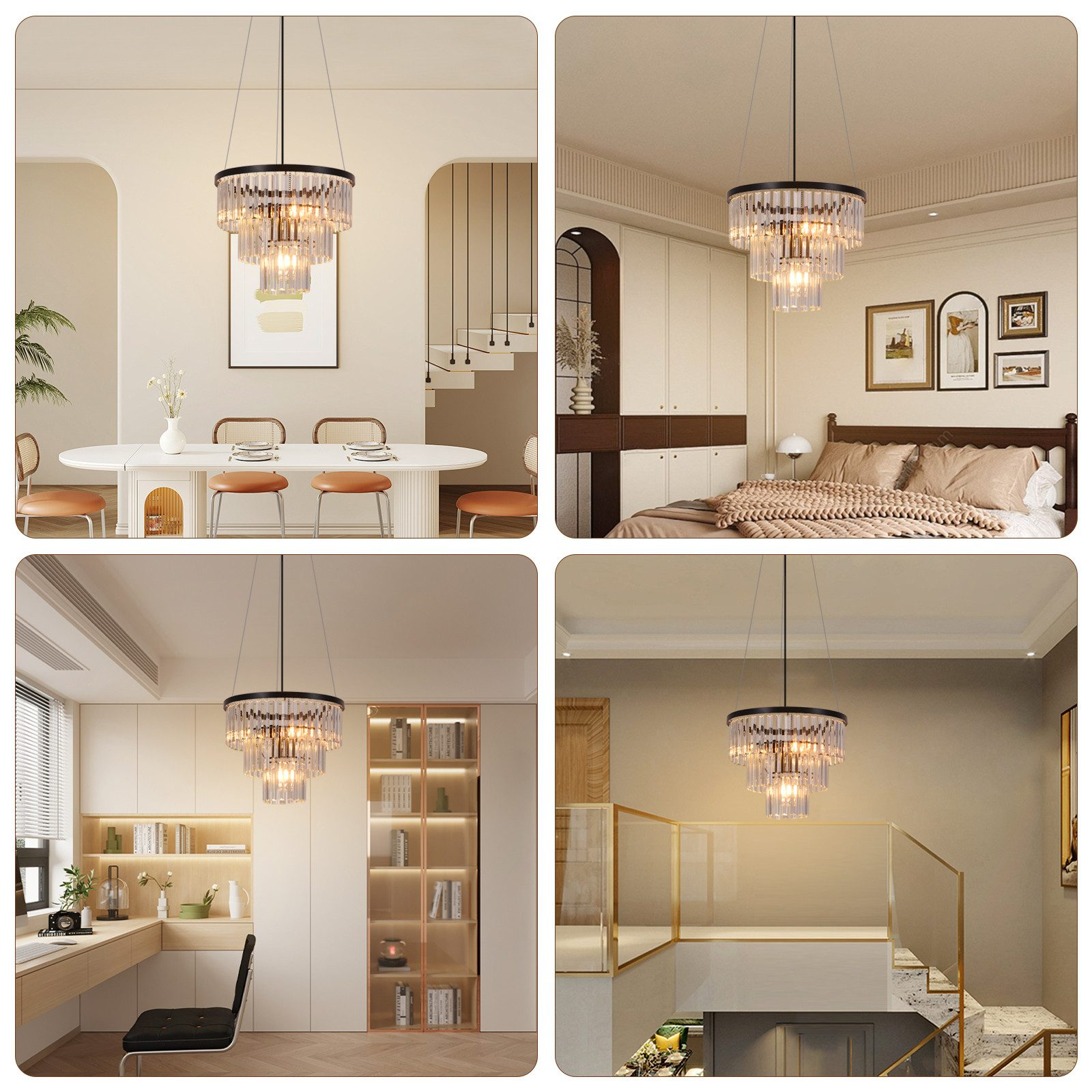 Quattro immagini che mostrano lampadari in diverse stanze, tra cui una camera da letto e una sala da pranzo.