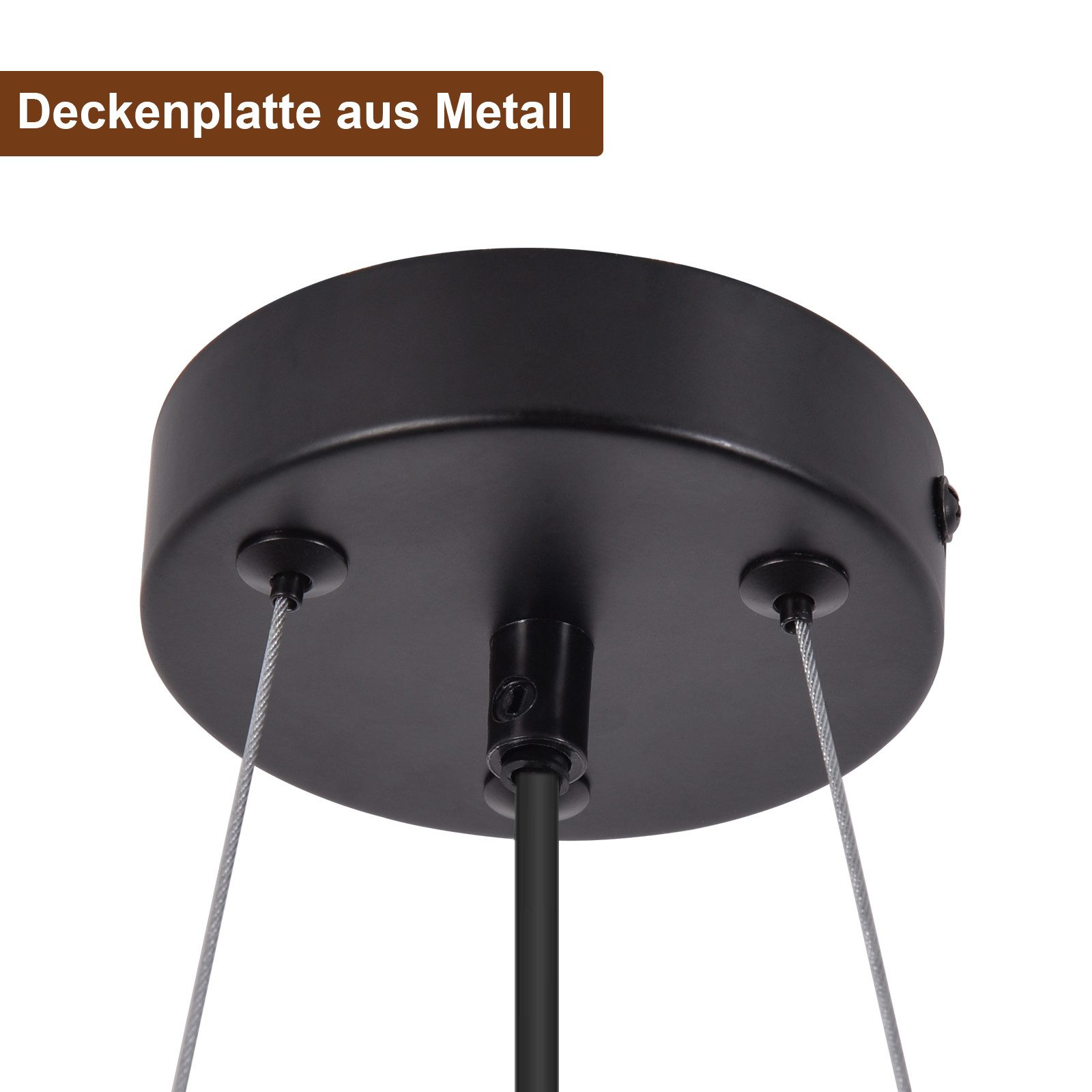 Piastra da soffitto in metallo nero con tre fili sospesi. Testo: Deckplatte aus Metall.