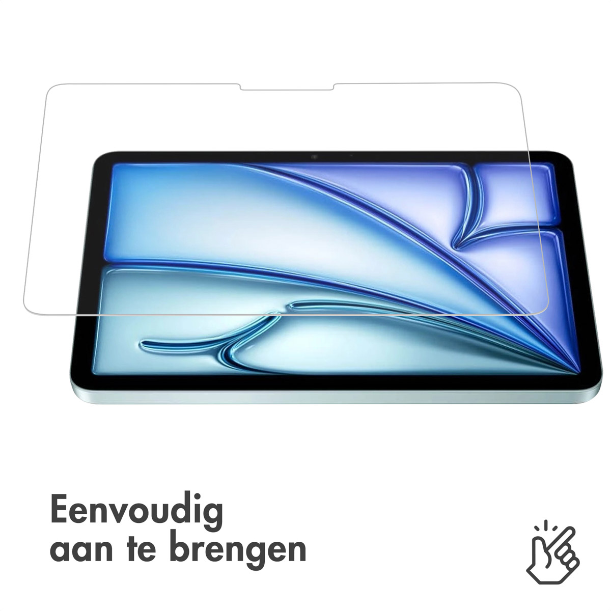 Tablet met een schermbeschermer, tekst "Eenvoudig aan te brengen" en een handpictogram.