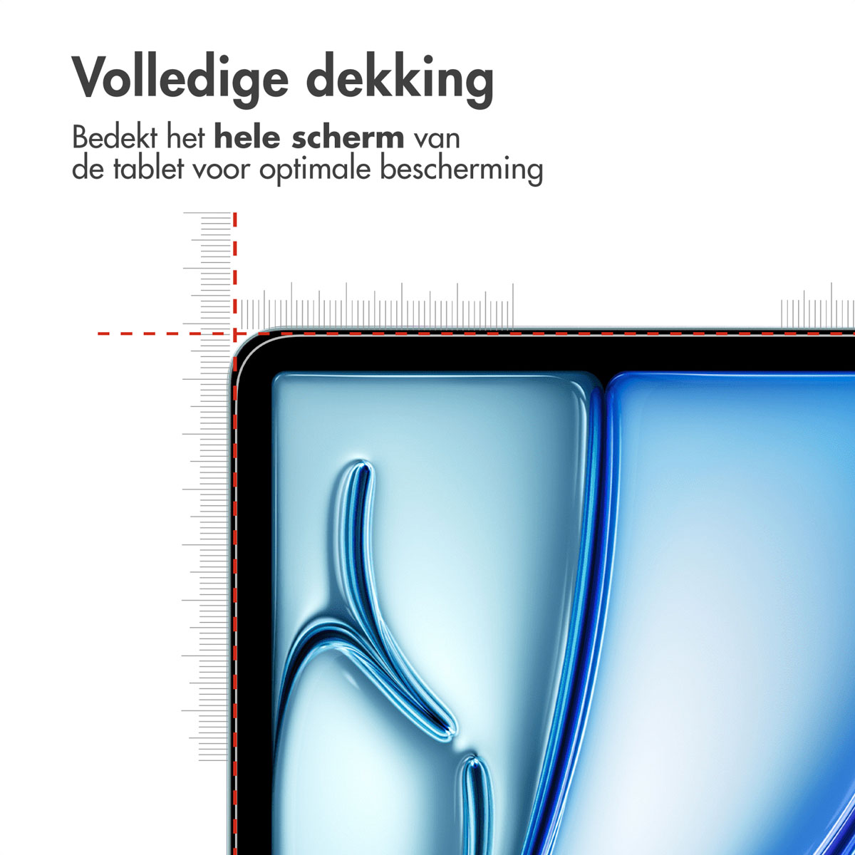 Close-up van het scherm van een tablet bedekt met een schermbeschermer, met meetlijnen.