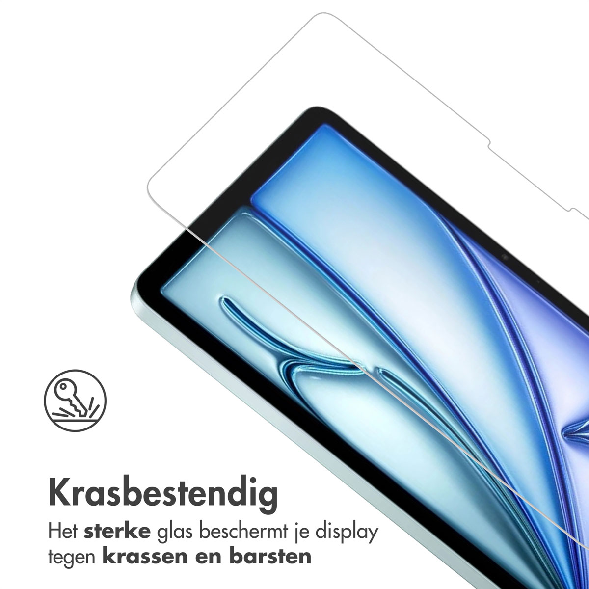 Een tablet met een screenprotector, met een sleutelpictogram dat krasbestendigheid aangeeft.