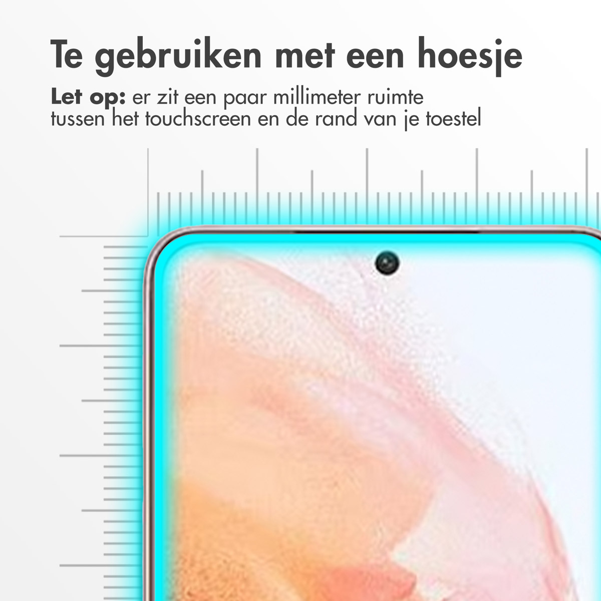 Un écran de smartphone avec un protecteur d'écran, montrant le bord de l'appareil avec une règle.