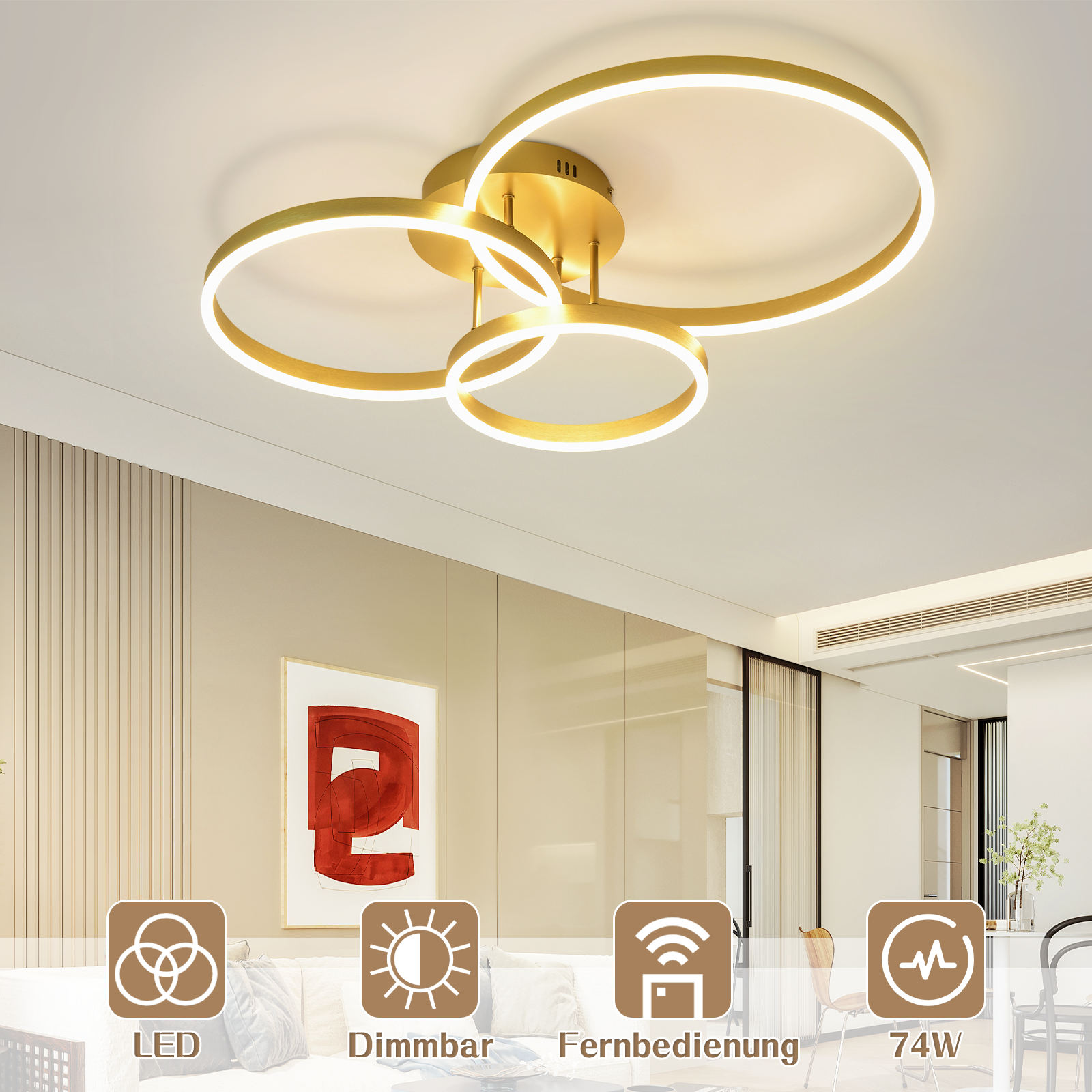 Luz de techo dorada con tres formas circulares. La luz está encendida y se ve una habitación.